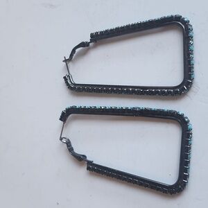 Geometrical Rectangular Blue Pronged Crystal Hoop Earrings 2 1/2"x 1 1/4"